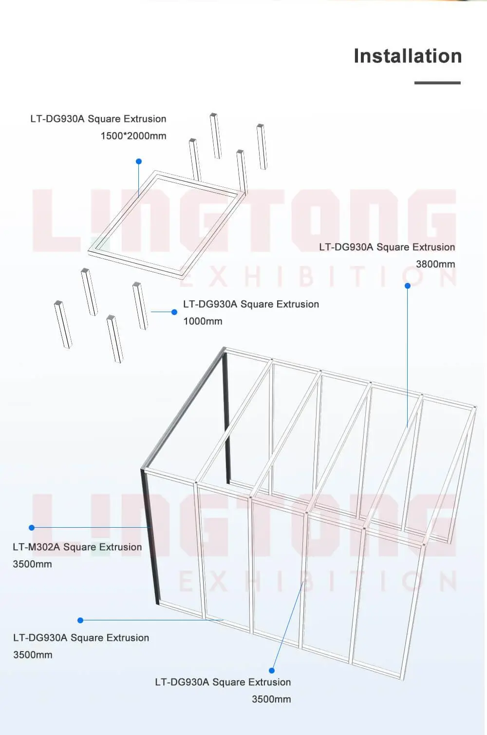 LT-DG930A 80mm Square Extrusion four sides open with Led Strips on Four Sides